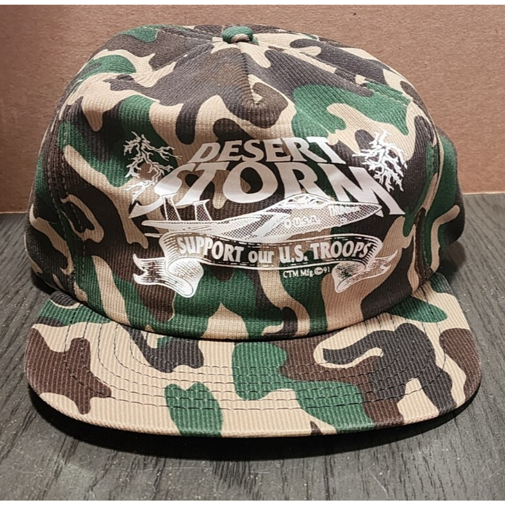 Vintage 1991 Desert Storm Camo Trucker Hat Snapback USA Support Troops War
